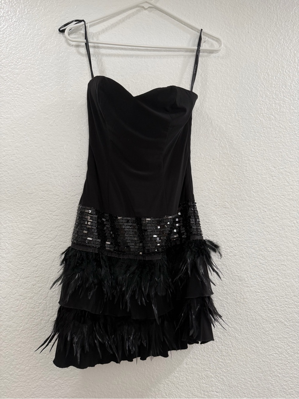 Black Sequin & Feather Mini Dress - Spaghetti Strap